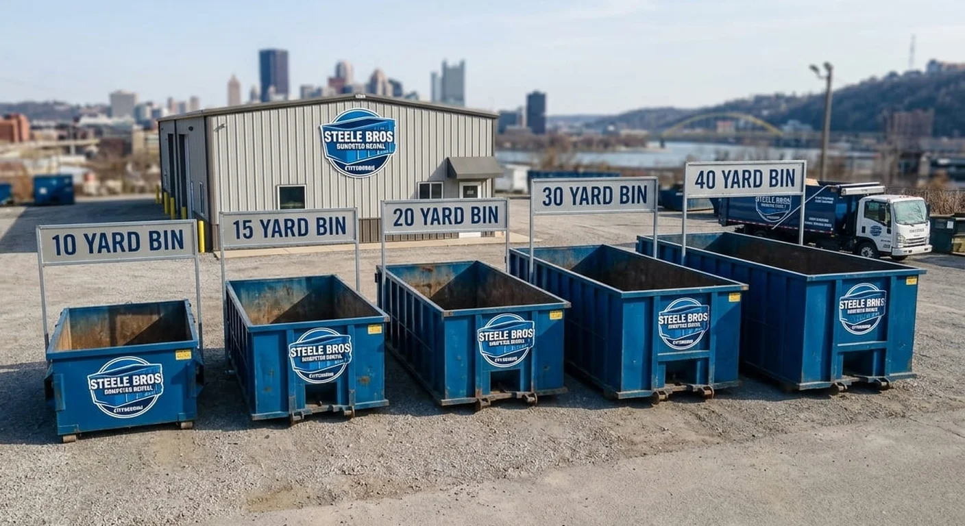 30 Yard Dumpster Rental in Pittsburgh, PA All five real Steele Bros Dumpster Rental dumpster sizes lined up with the Pittsburgh skyline in the background, 30-yard shown near the back