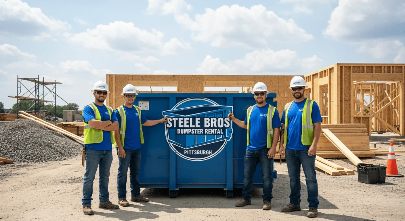 Construction dumpster rental in Carnegie, PA A Steele Bros Dumpster Rental roll-off dumpster delivered to an active construction site in Carnegie, PA