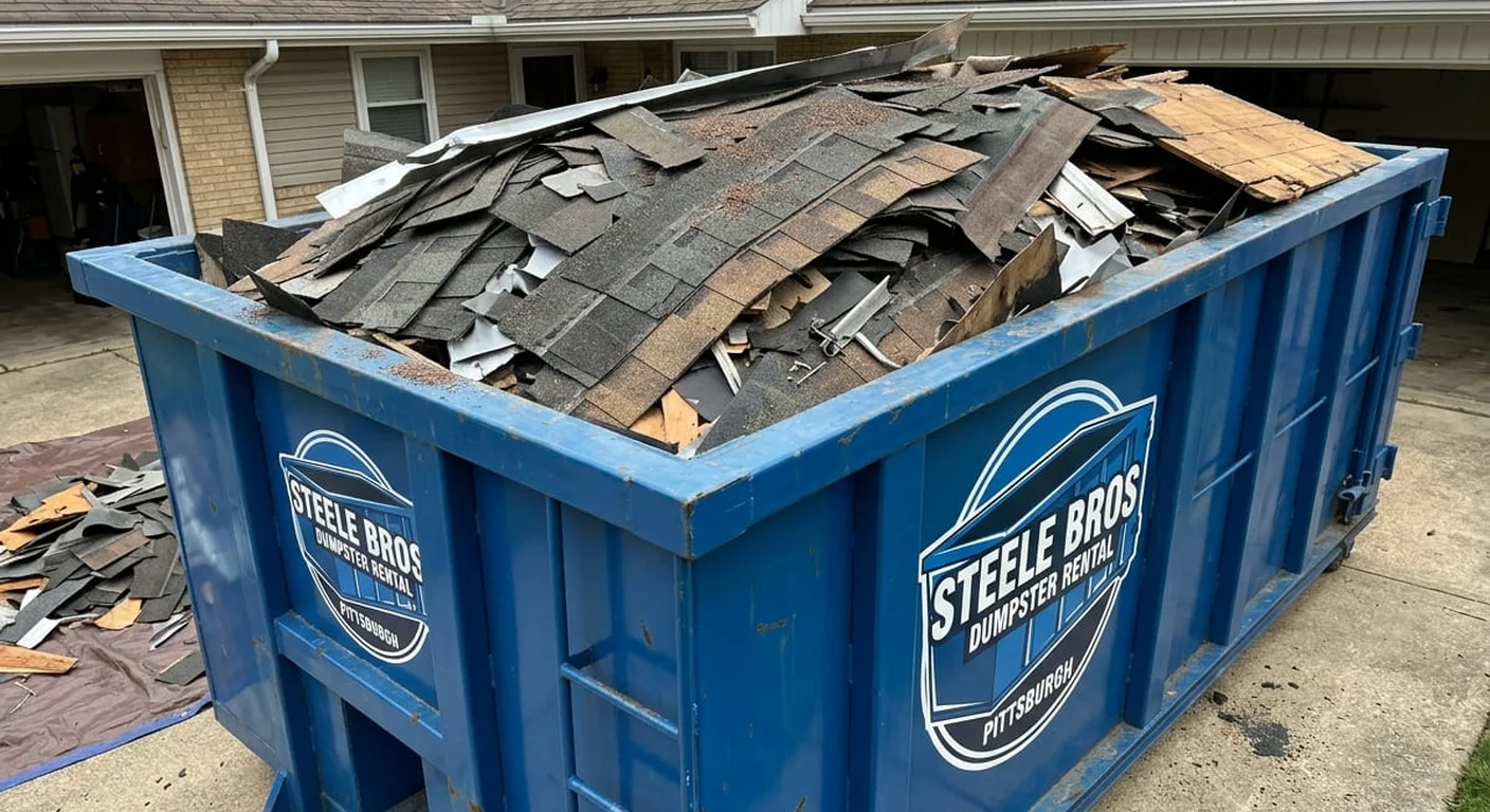 Steele Bros Dumpster Rental dumpster filled with real roofing tear-off debris parked in a Pittsburgh driveway