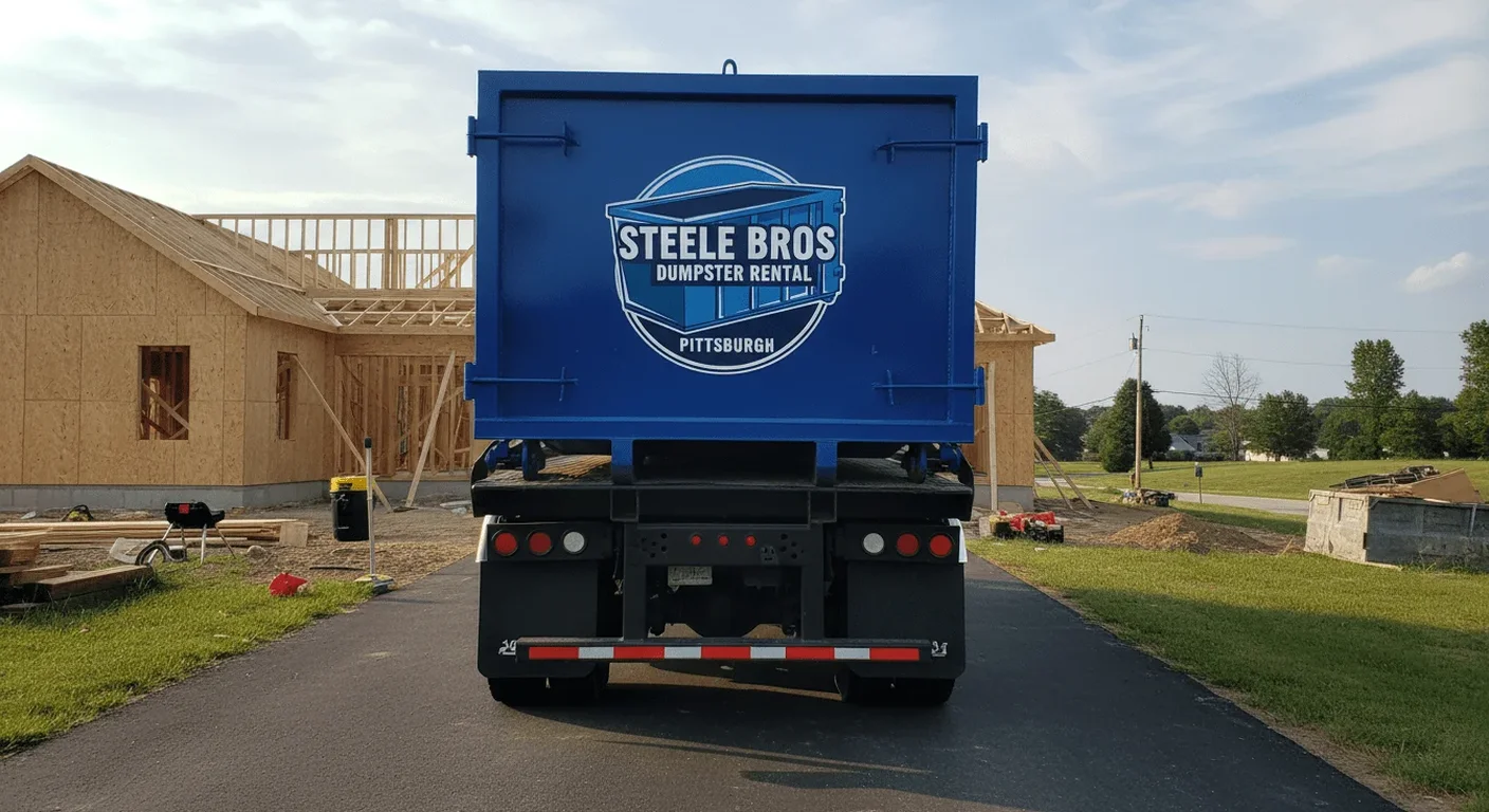 A Steele Bros Dumpster Rental truck delivering a roll-off dumpster to an active job site in Crafton, PA