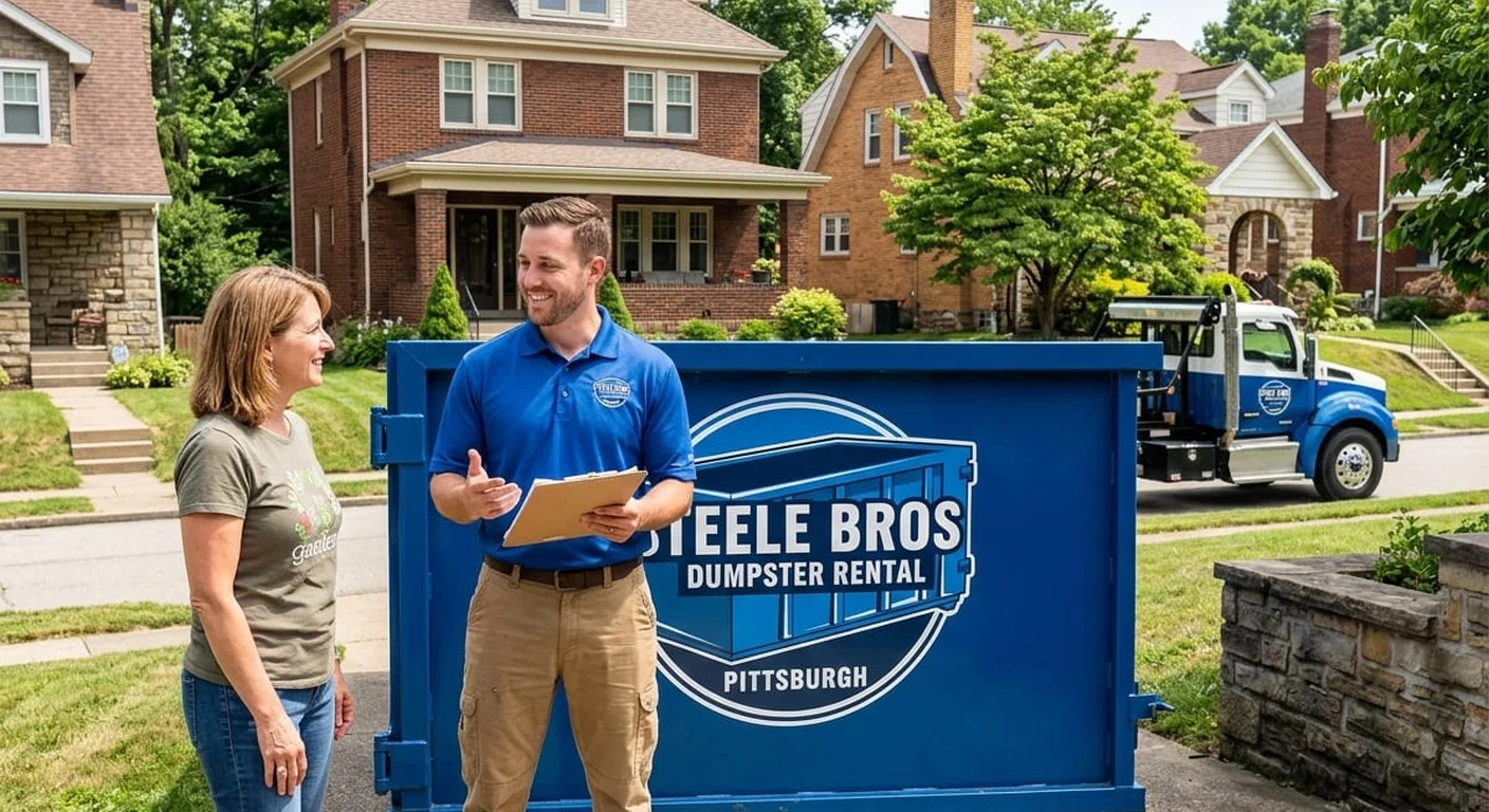 Free Dumpster Rental Consultation - Pittsburgh, PA Steele Bros Dumpster Rental team members talking through a project at the Pittsburgh yard