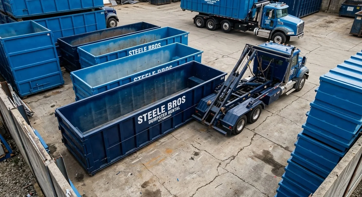 Part of the Steele Bros Dumpster Rental fleet, staged and ready for a job near Green Tree, PA