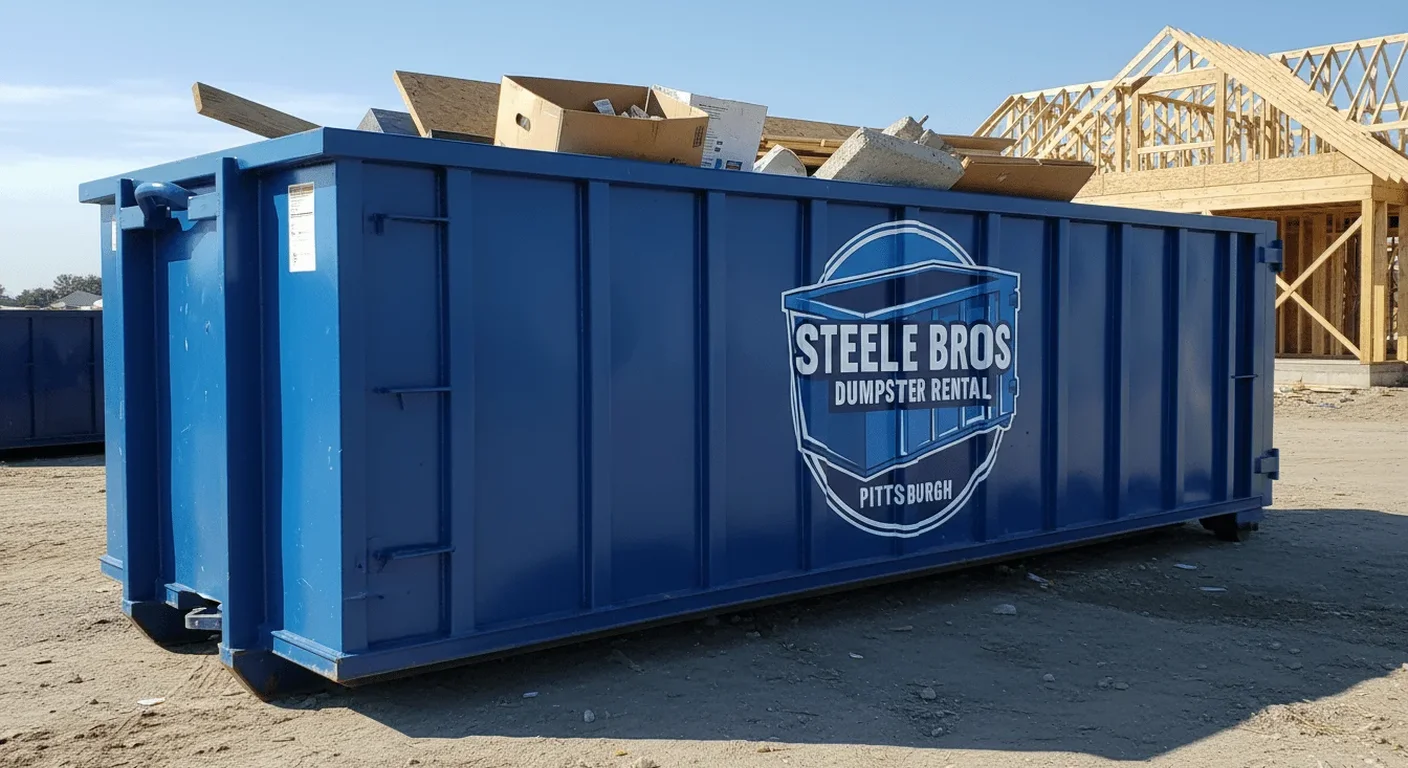 Dumpster rental delivery near West End, PA A Steele Bros Dumpster Rental roll-off dumpster staged for a job near West End, PA