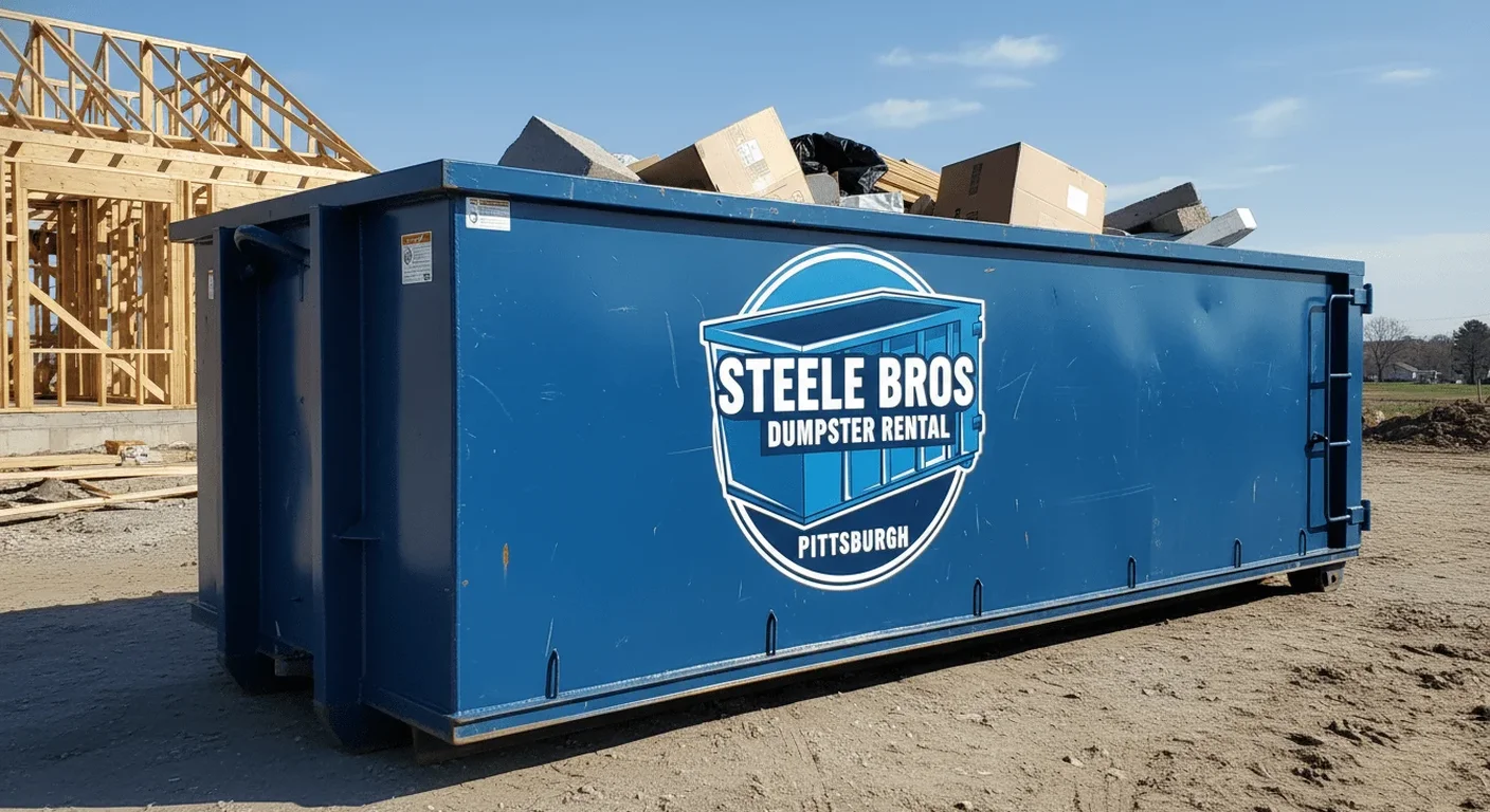 Steele Bros Dumpster Rental dumpster loaded with cardboard, packing material, and household items from a cleanout