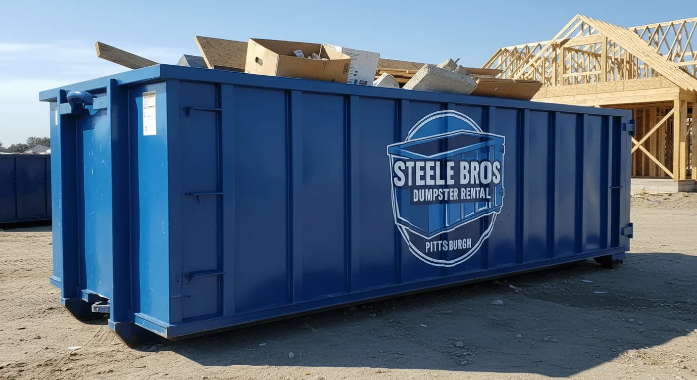 Steele Bros Dumpster Rental dumpster loaded with cardboard, wood, and household junk ready for haul-away