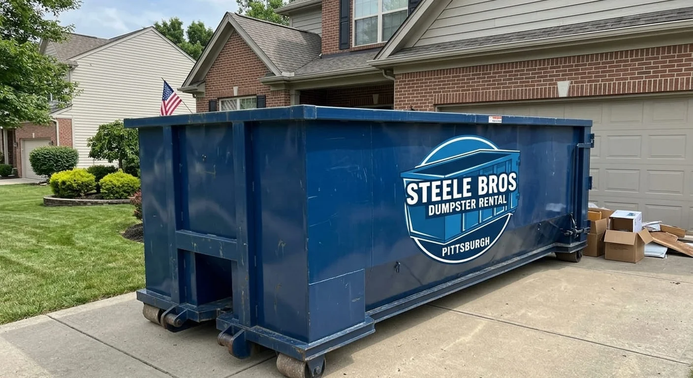 Steele Bros Dumpster Rental dumpster delivered to a residential driveway in Pittsburgh for a home cleanout project