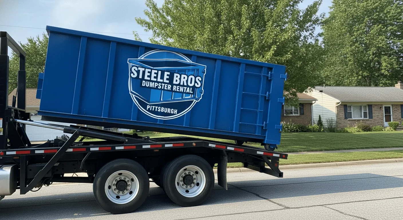 Roll-off dumpster rental in Elliott, PA A Steele Bros Dumpster Rental roll-off dumpster loaded on the delivery truck bed, ready for drop-off in Elliott, PA