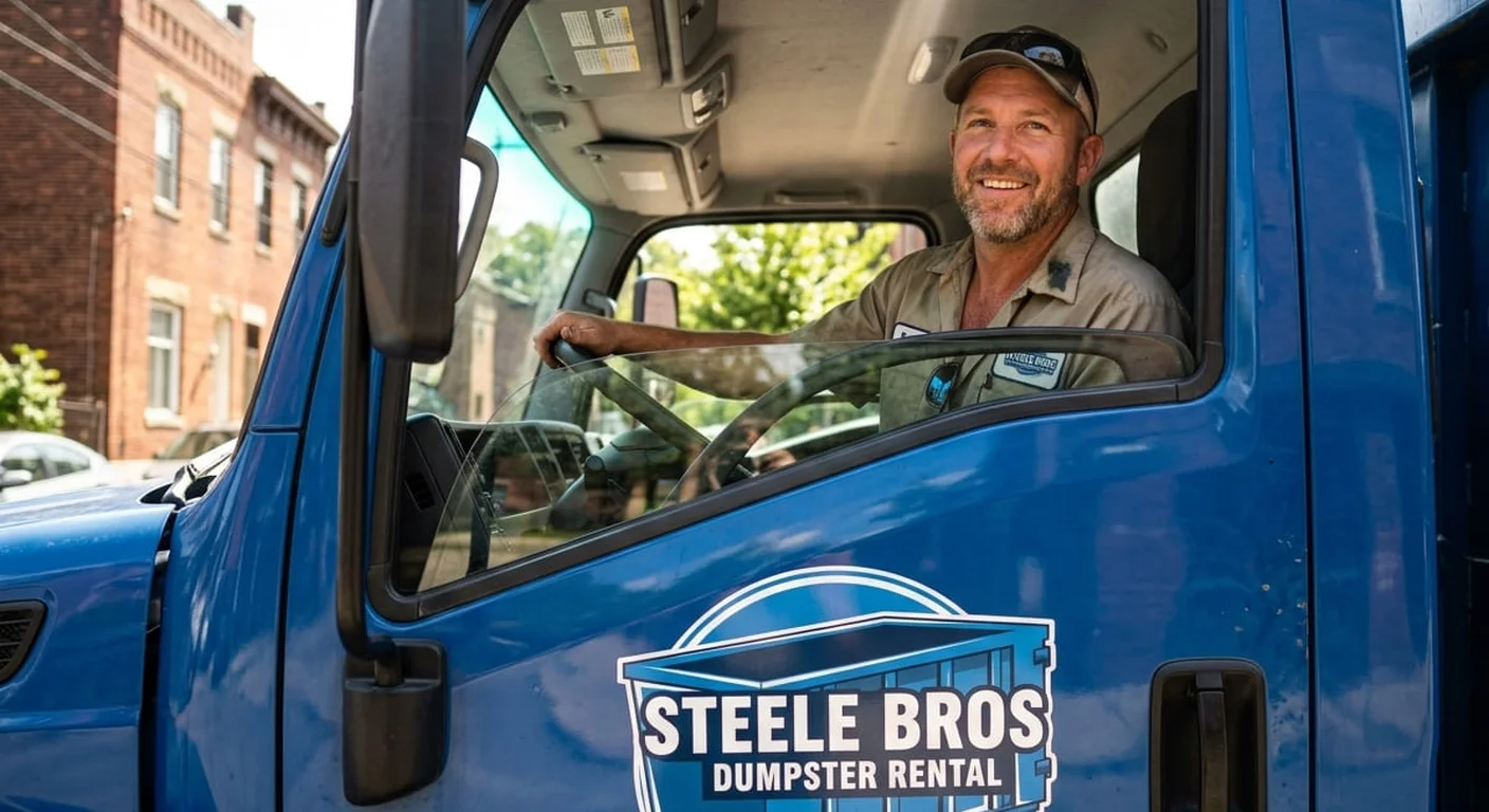Same-day dumpster rental in Bridgeville, PA A Steele Bros Dumpster Rental driver going over delivery details for a same-day drop-off in Bridgeville, PA