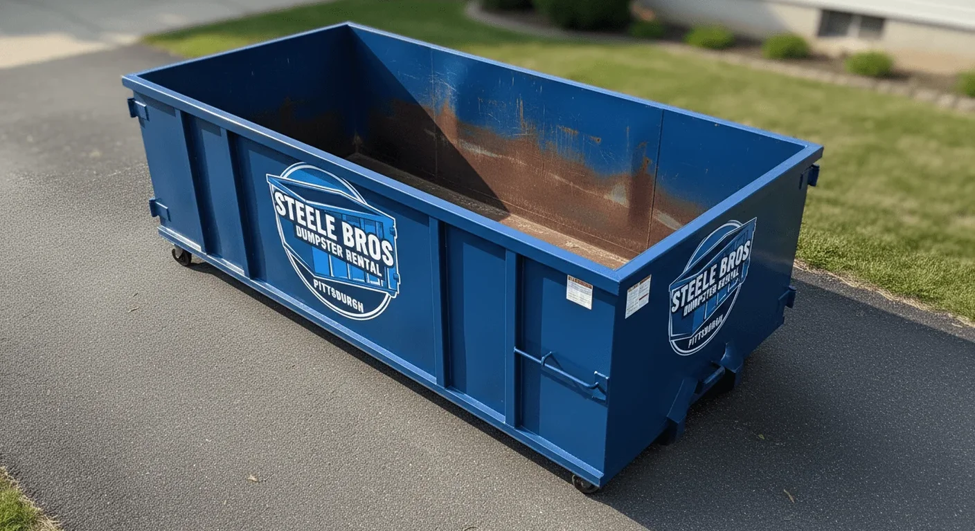 Empty Steele Bros Dumpster Rental dumpster staged and ready for a Pittsburgh yard-cleanup project